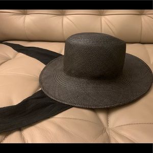 Clyde Black Straw Brim Flat Top Hat w. Neckshade